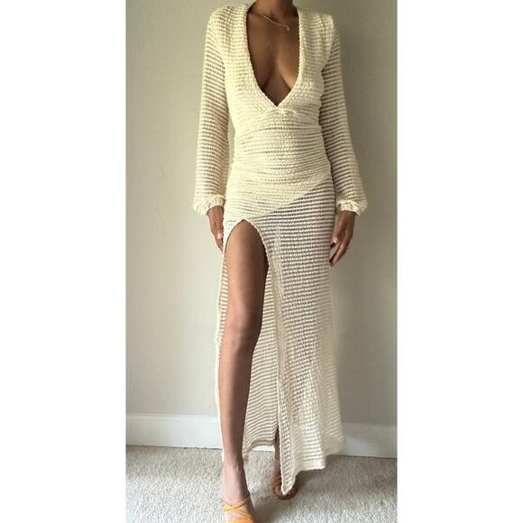Fore Fly Me Out Cream Plunging Neckline Crochet Maxi Dress, S - Picture 1 of 10
